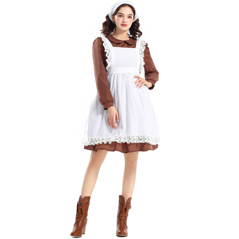 Halloween Costume Adult Women's French Manor Maid New Brown Retro Peter Pan Collar Maid Outfit