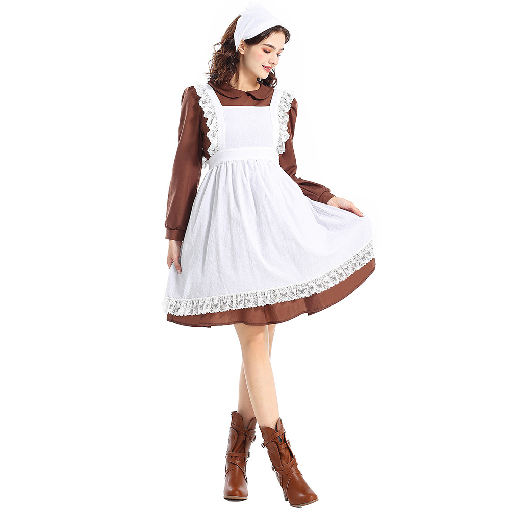 Halloween Costume Adult Women's French Manor Maid New Brown Retro Peter Pan Collar Maid Outfit
