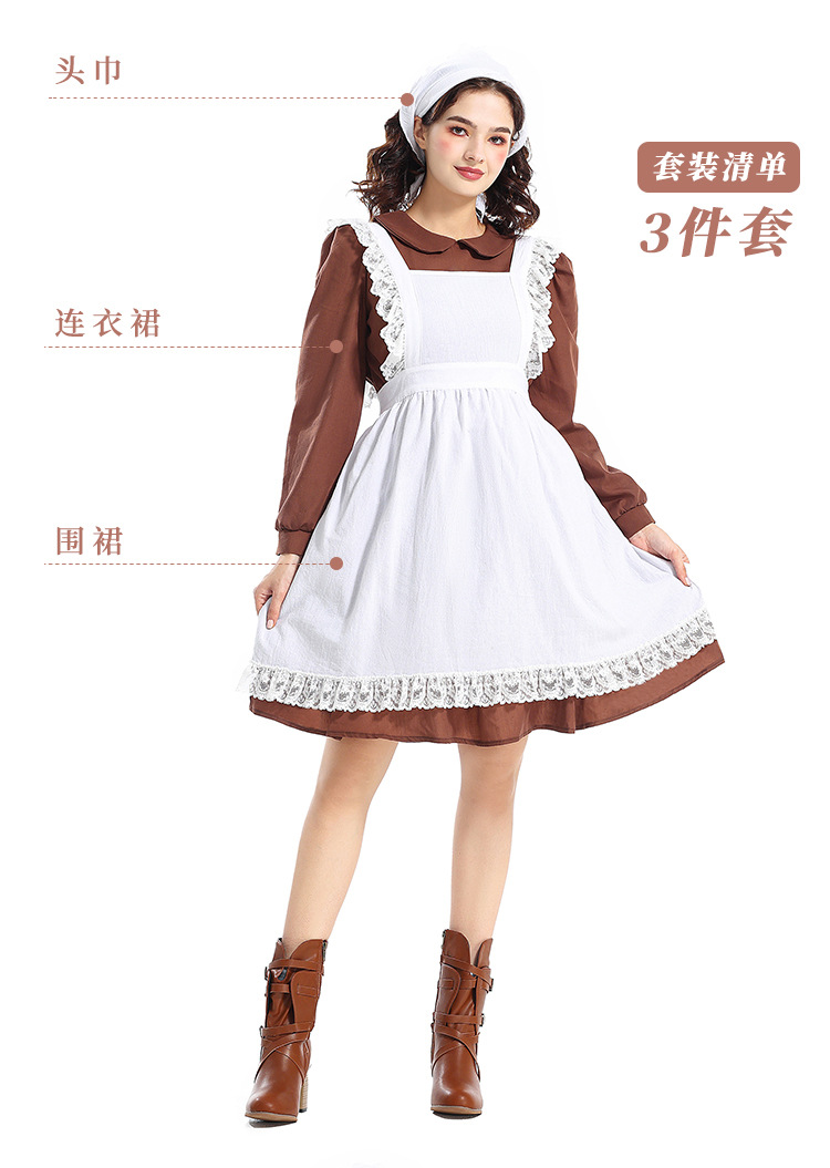 Halloween Costume Adult Women's French Manor Maid New Brown Retro Peter Pan Collar Maid Outfit