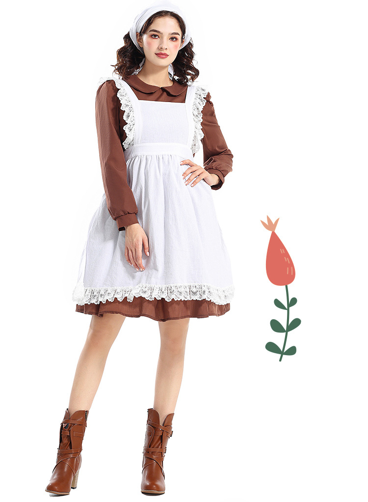 Halloween Costume Adult Women's French Manor Maid New Brown Retro Peter Pan Collar Maid Outfit