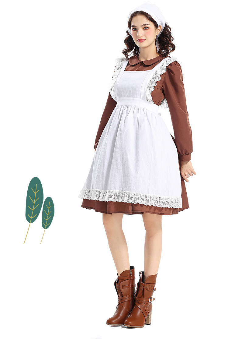 Halloween Costume Adult Women's French Manor Maid New Brown Retro Peter Pan Collar Maid Outfit