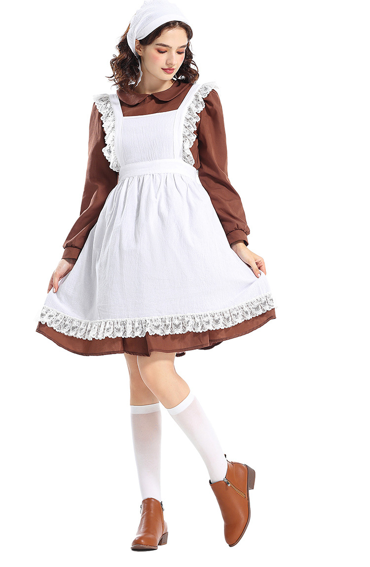 Halloween Costume Adult Women's French Manor Maid New Brown Retro Peter Pan Collar Maid Outfit