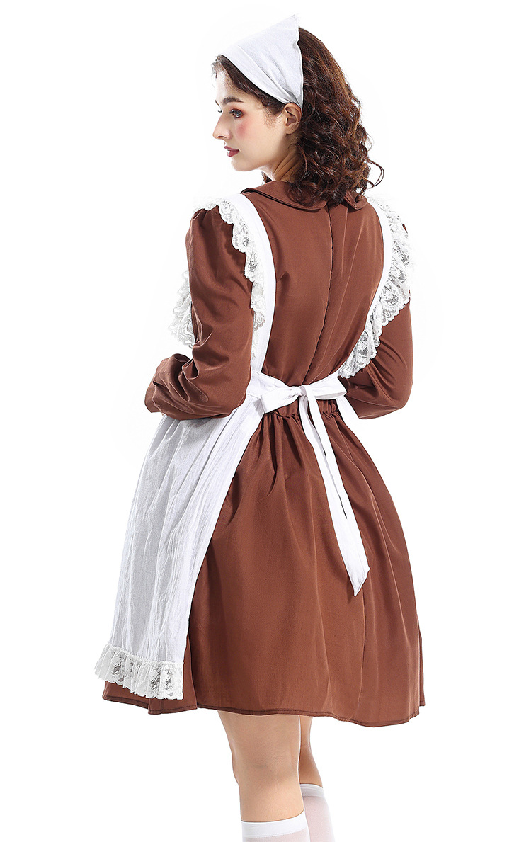 Halloween Costume Adult Women's French Manor Maid New Brown Retro Peter Pan Collar Maid Outfit