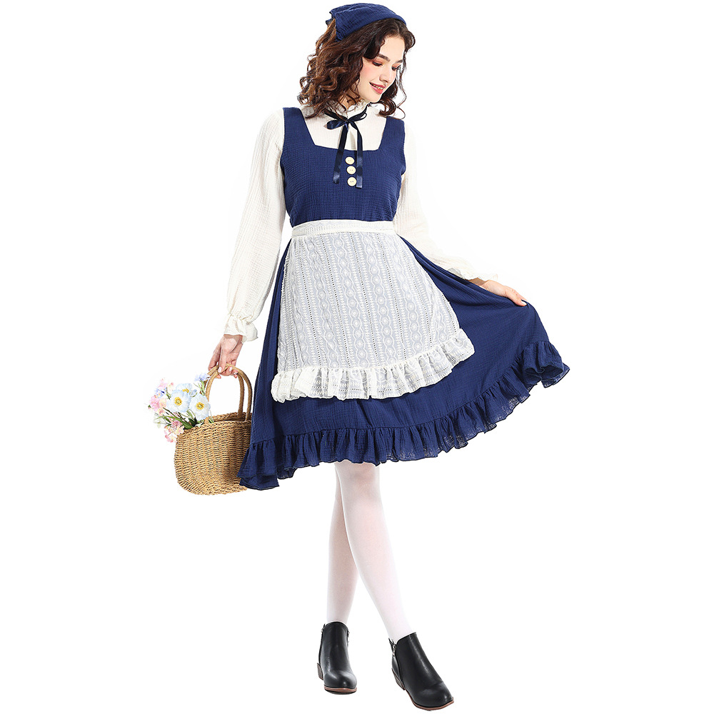 Adult costumes for the Little Match Girl stage play, pastoral farm, oil painting style, navy blue maid outfit.