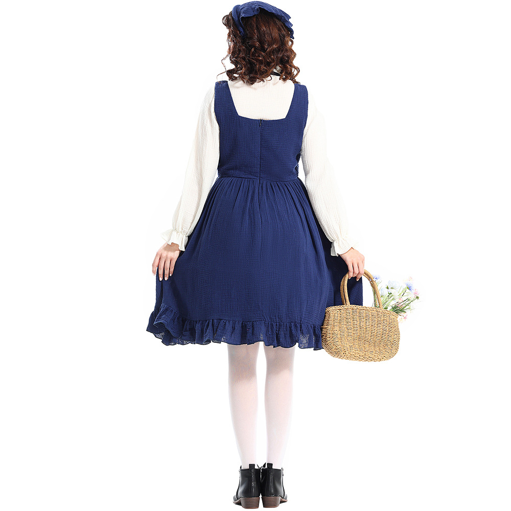 Adult costumes for the Little Match Girl stage play, pastoral farm, oil painting style, navy blue maid outfit.
