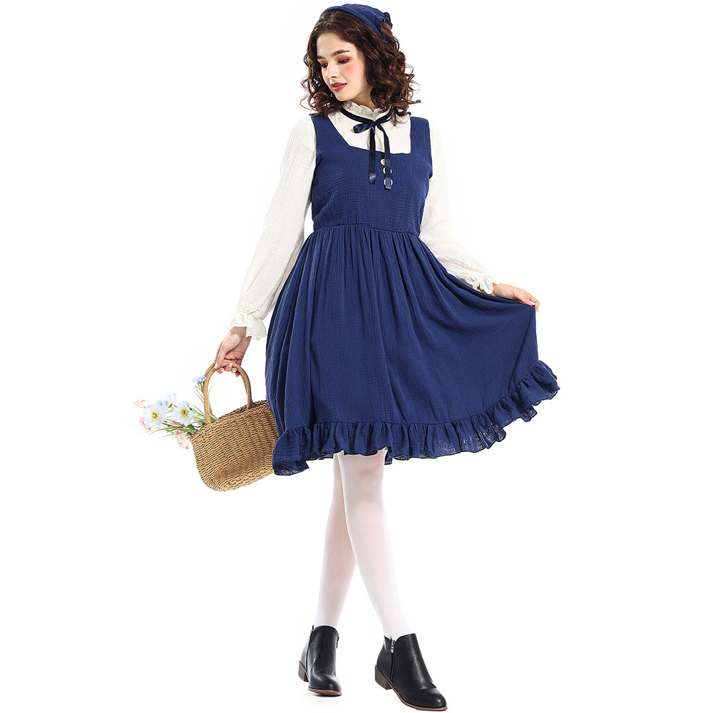 Adult costumes for the Little Match Girl stage play, pastoral farm, oil painting style, navy blue maid outfit.