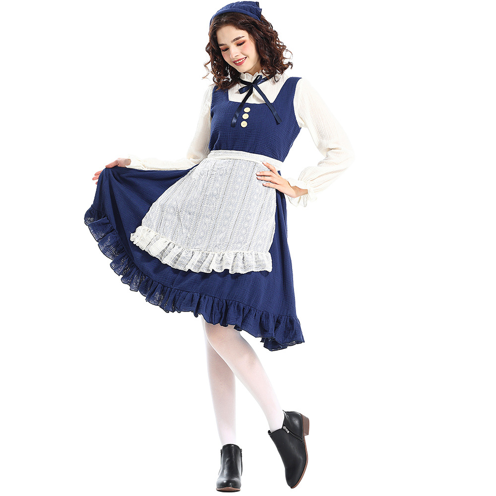 Adult costumes for the Little Match Girl stage play, pastoral farm, oil painting style, navy blue maid outfit.