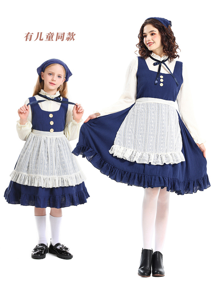 Adult costumes for the Little Match Girl stage play, pastoral farm, oil painting style, navy blue maid outfit.