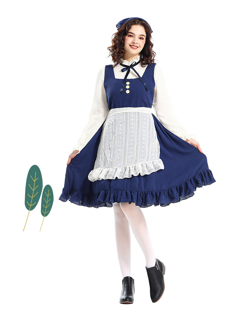 Adult costumes for the Little Match Girl stage play, pastoral farm, oil painting style, navy blue maid outfit.