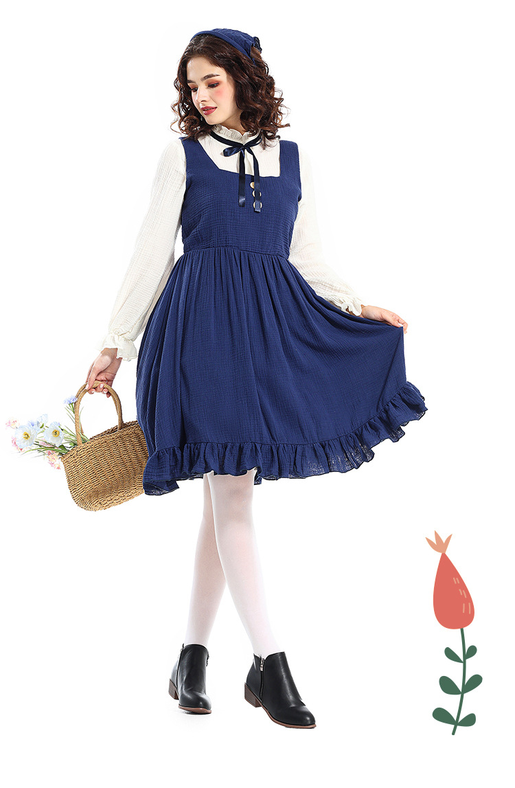 Adult costumes for the Little Match Girl stage play, pastoral farm, oil painting style, navy blue maid outfit.