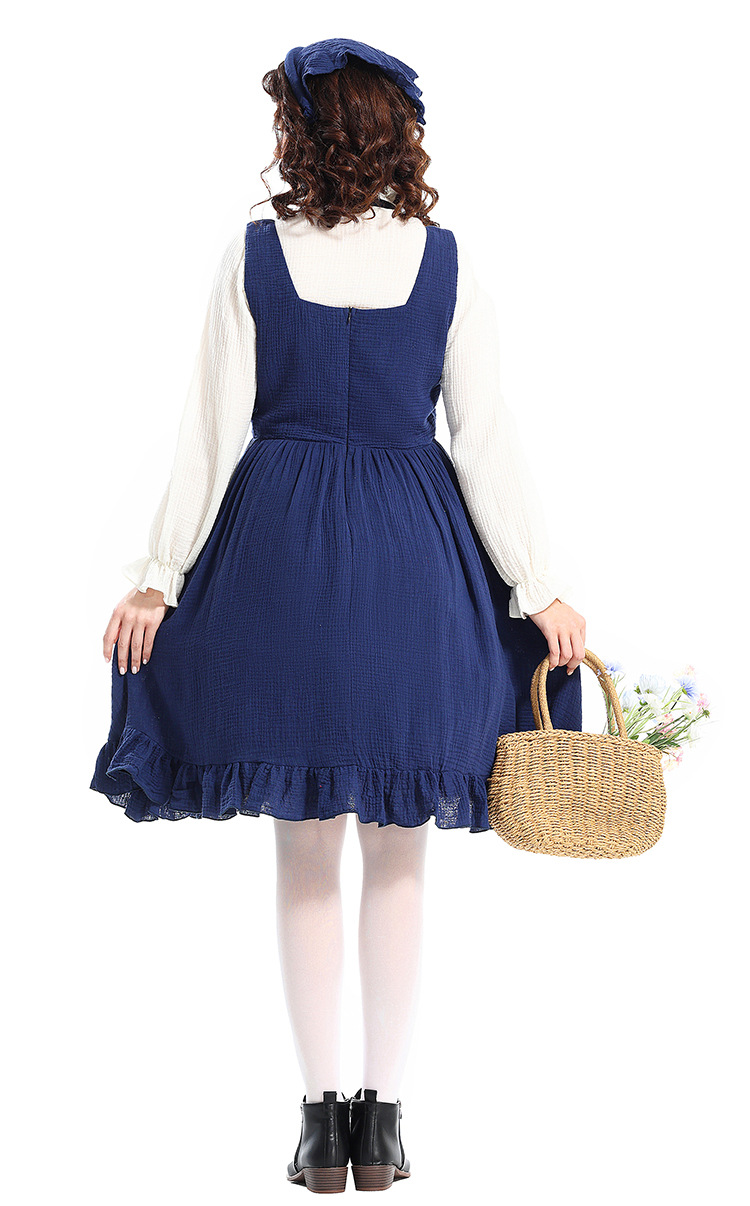 Adult costumes for the Little Match Girl stage play, pastoral farm, oil painting style, navy blue maid outfit.