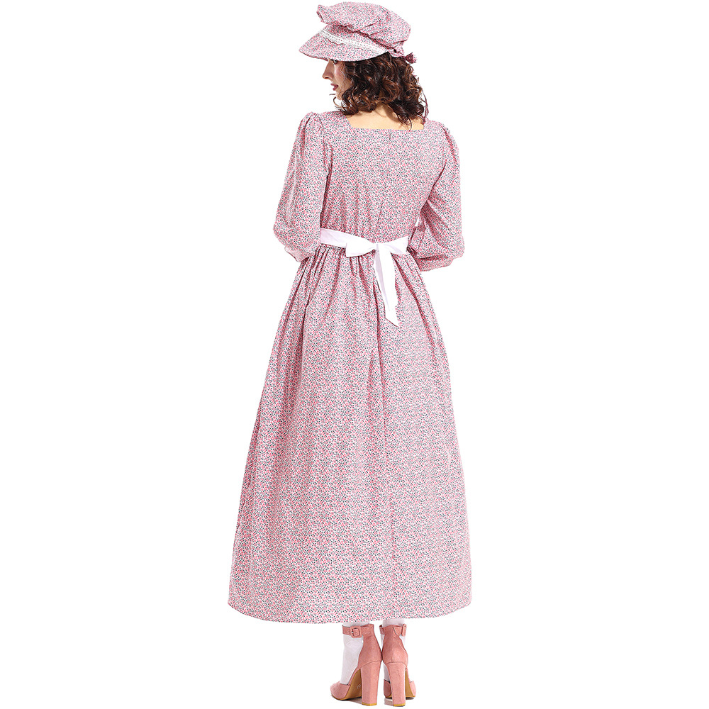 Halloween costume, historical, civil war, grassland colonies, pink square-neck floral dress, pioneering outfit
