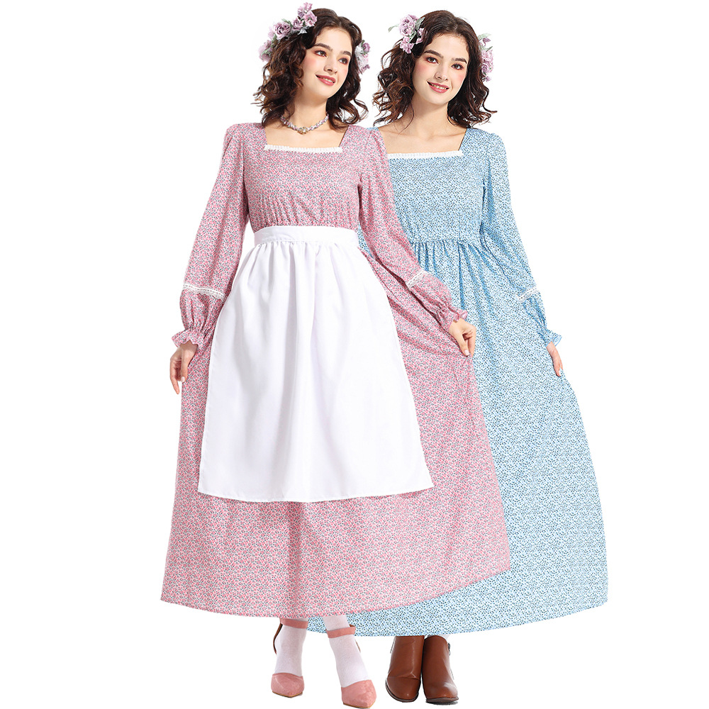 Halloween costume, historical, civil war, grassland colonies, pink square-neck floral dress, pioneering outfit