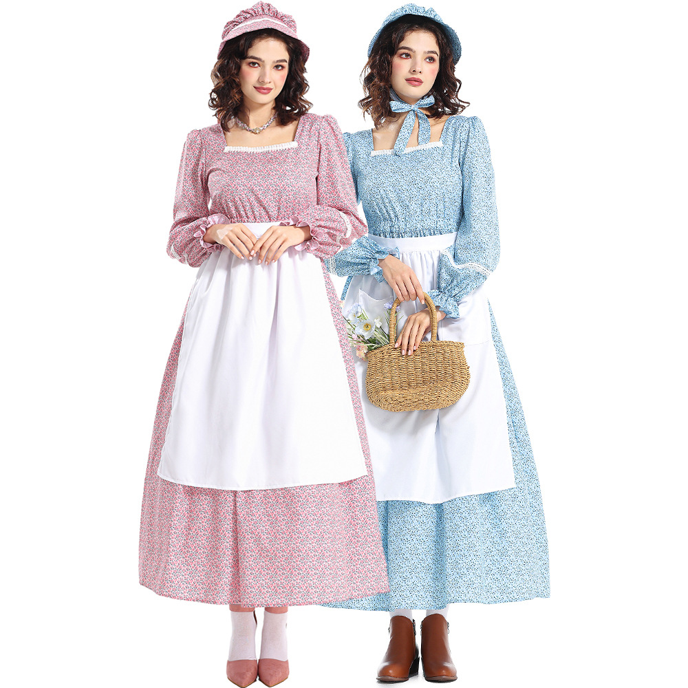 Halloween costume, historical, civil war, grassland colonies, pink square-neck floral dress, pioneering outfit