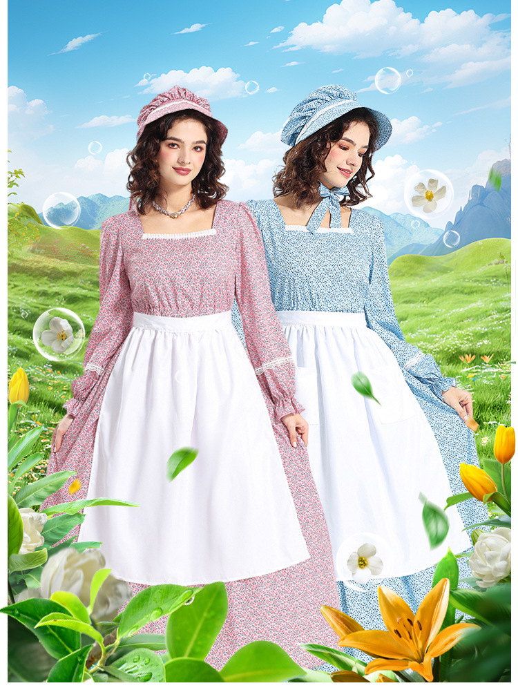 Halloween costume, historical, civil war, grassland colonies, pink square-neck floral dress, pioneering outfit
