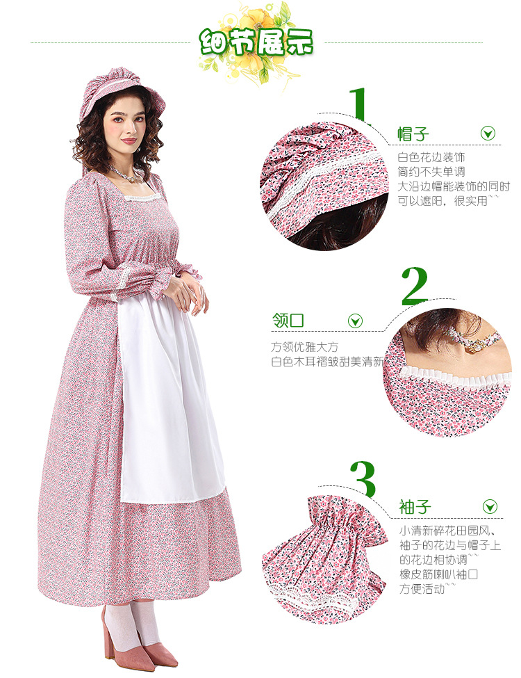 Halloween costume, historical, civil war, grassland colonies, pink square-neck floral dress, pioneering outfit
