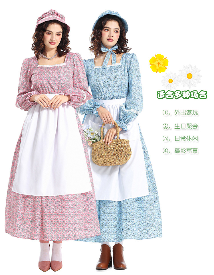 Halloween costume, historical, civil war, grassland colonies, pink square-neck floral dress, pioneering outfit