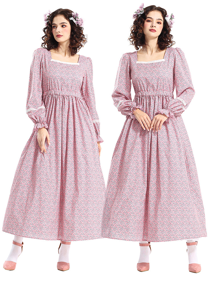 Halloween costume, historical, civil war, grassland colonies, pink square-neck floral dress, pioneering outfit