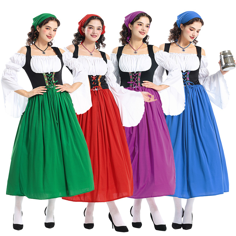 Halloween Adult Medieval Farm Maid Dress Munich Oktoberfest Long Dress Family Performance Costume