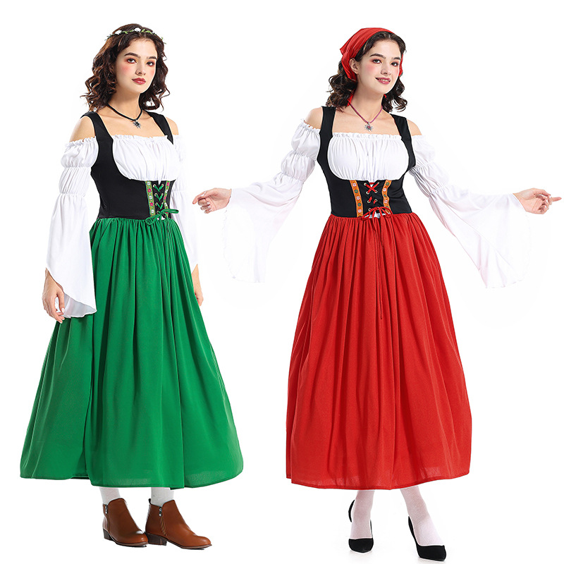 Halloween Adult Medieval Farm Maid Dress Munich Oktoberfest Long Dress Family Performance Costume