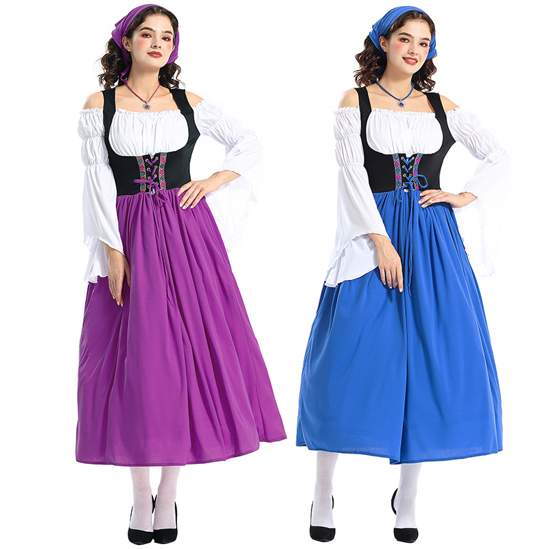 Halloween Adult Medieval Farm Maid Dress Munich Oktoberfest Long Dress Family Performance Costume