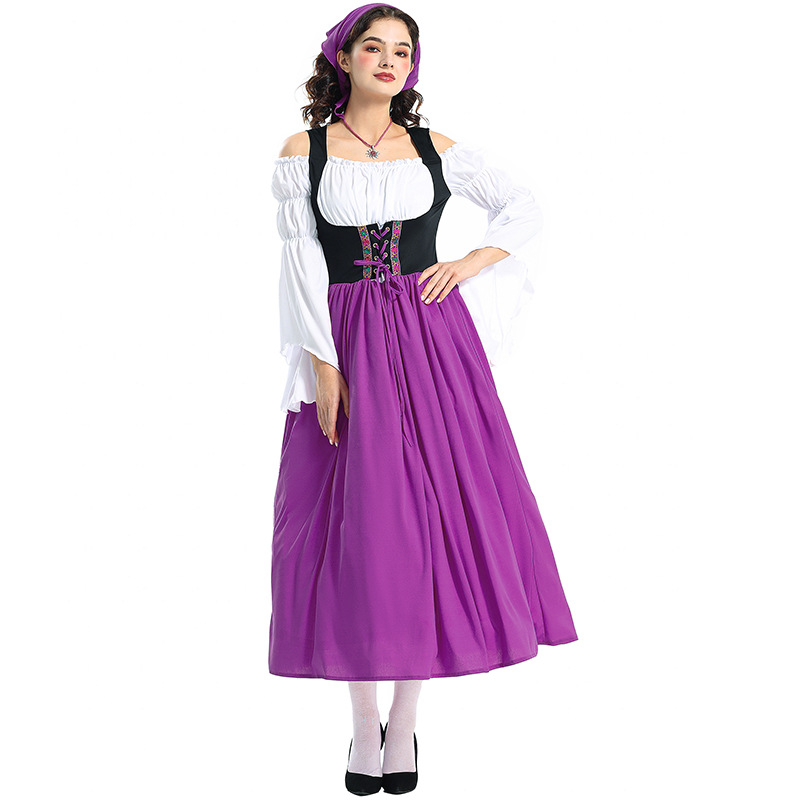 Halloween Adult Medieval Farm Maid Dress Munich Oktoberfest Long Dress Family Performance Costume