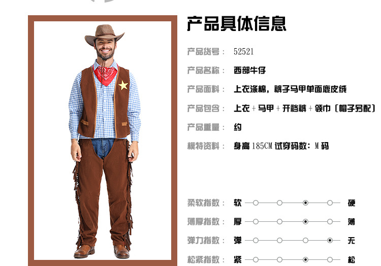 Halloween Costume Pioneer Texas Western Cowboy Suit for Adults (Men's Style)
