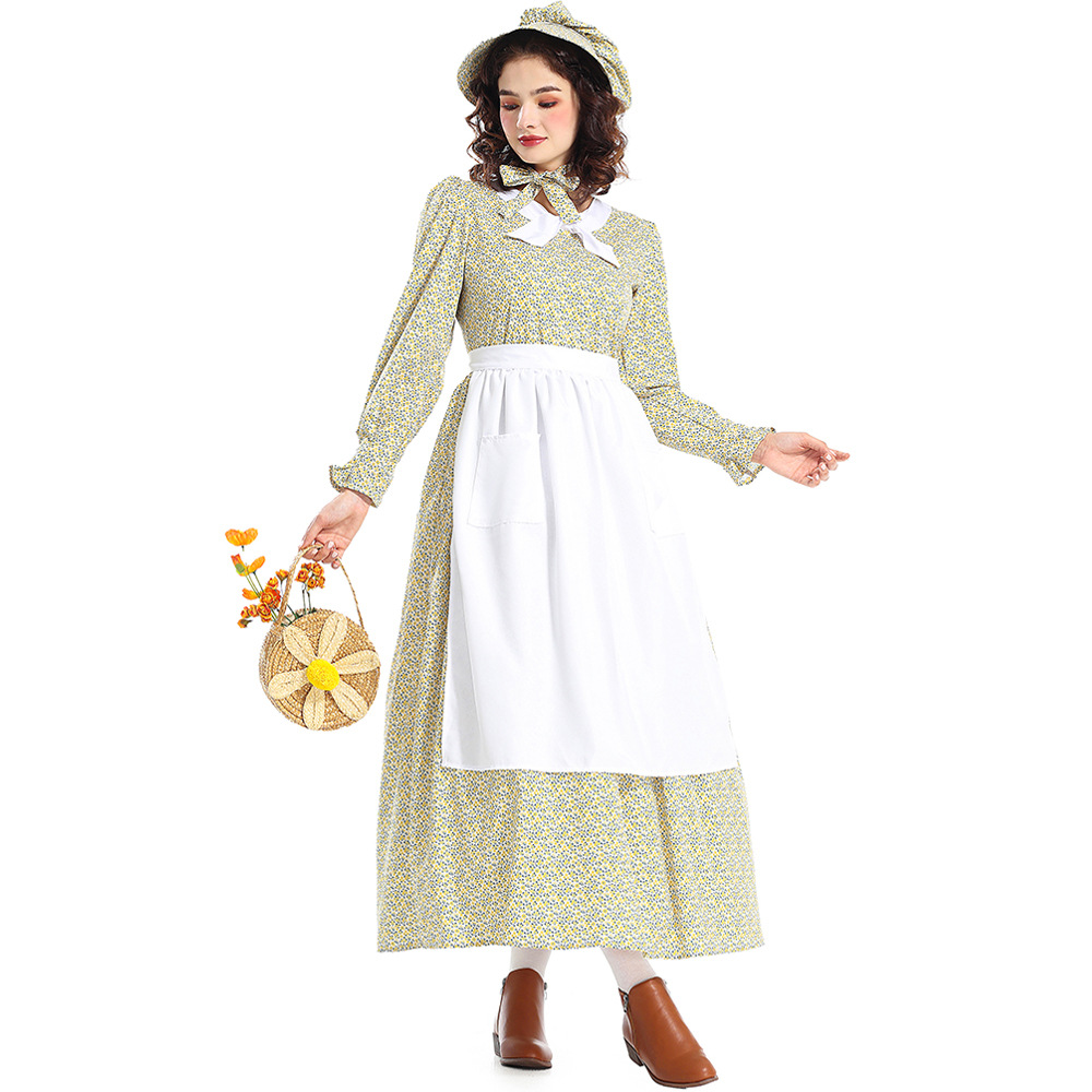 New Halloween Costumes: Prairie Colony Yellow Floral Dress, Apron, Pioneer Outfit