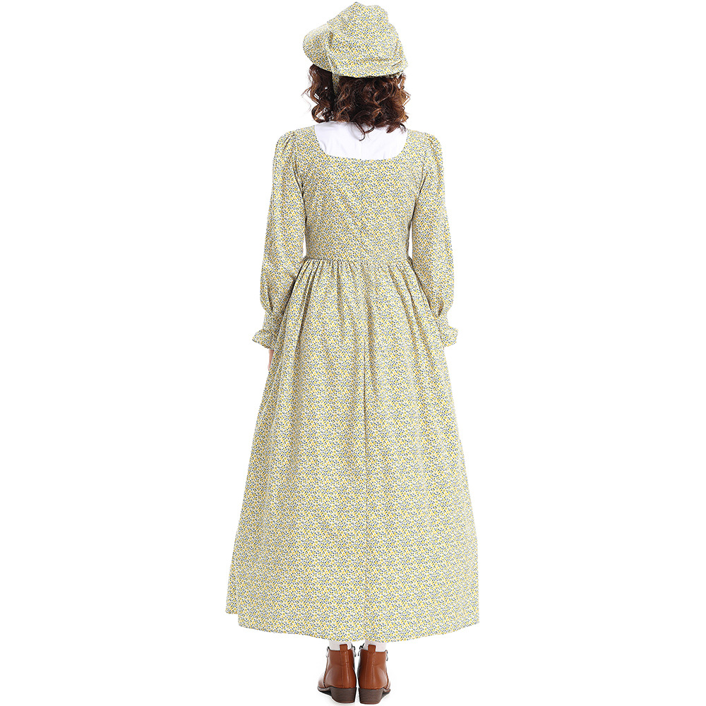 New Halloween Costumes: Prairie Colony Yellow Floral Dress, Apron, Pioneer Outfit