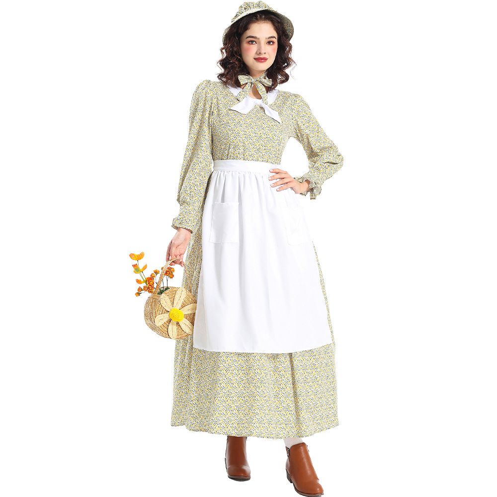 New Halloween Costumes: Prairie Colony Yellow Floral Dress, Apron, Pioneer Outfit