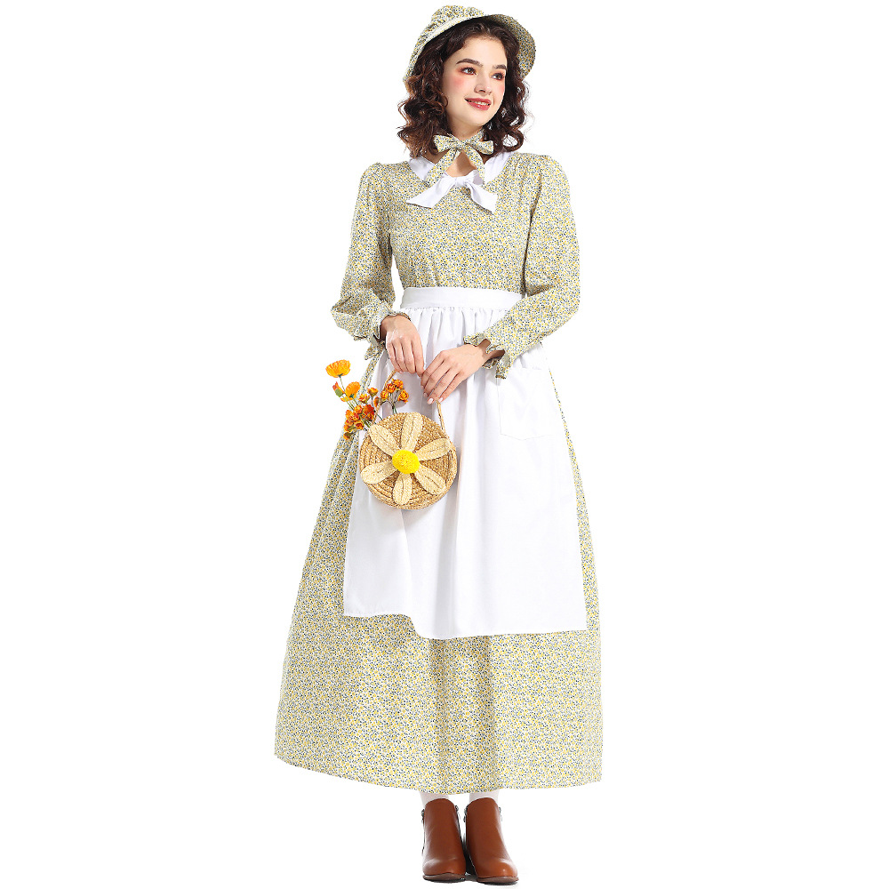 New Halloween Costumes: Prairie Colony Yellow Floral Dress, Apron, Pioneer Outfit