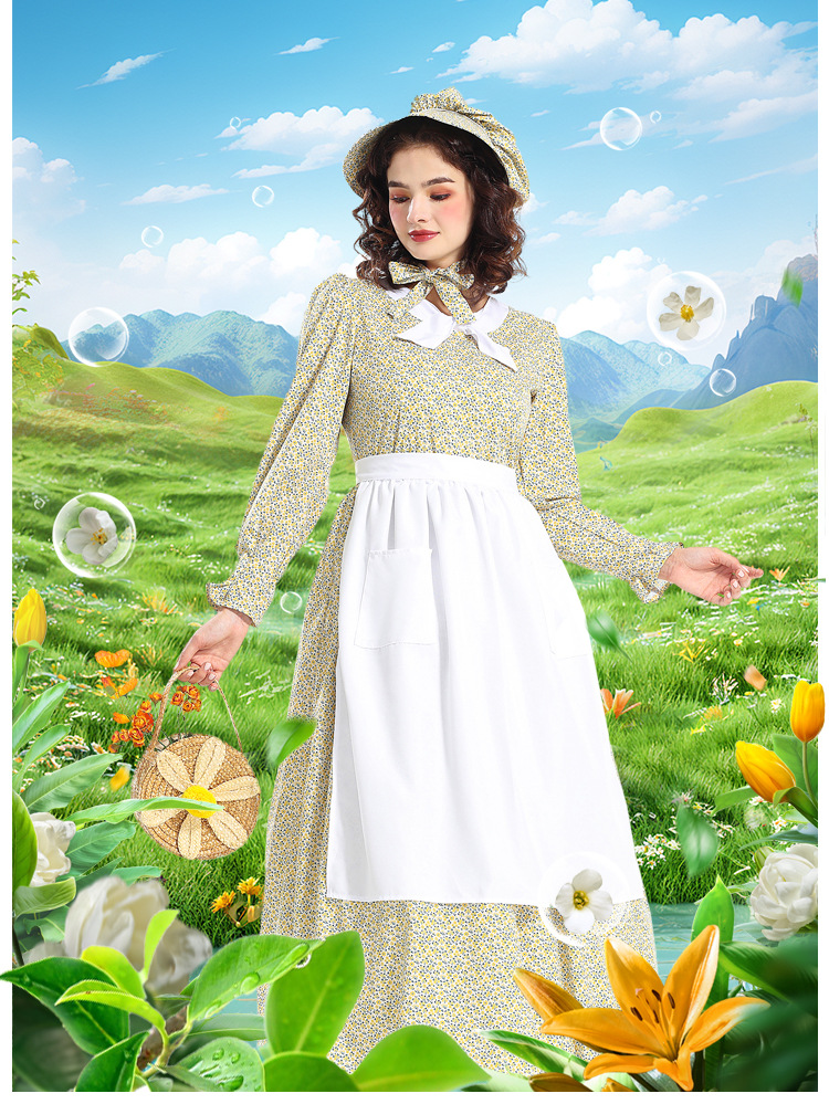 New Halloween Costumes: Prairie Colony Yellow Floral Dress, Apron, Pioneer Outfit