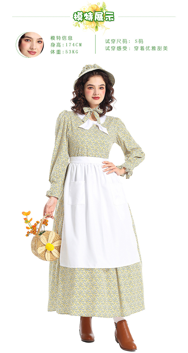 New Halloween Costumes: Prairie Colony Yellow Floral Dress, Apron, Pioneer Outfit