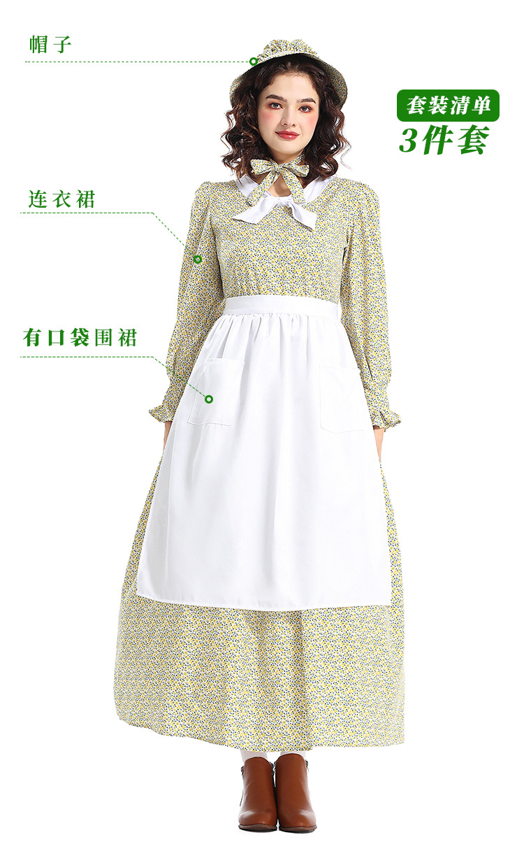 New Halloween Costumes: Prairie Colony Yellow Floral Dress, Apron, Pioneer Outfit