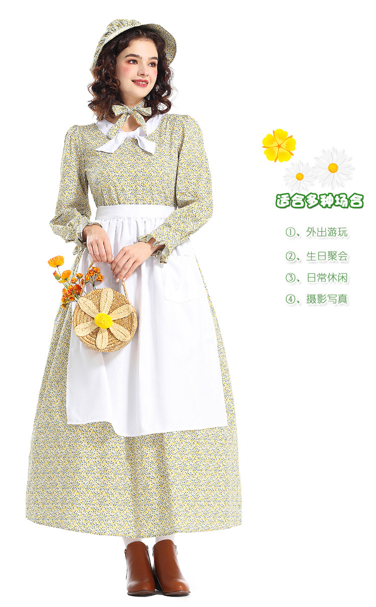 New Halloween Costumes: Prairie Colony Yellow Floral Dress, Apron, Pioneer Outfit