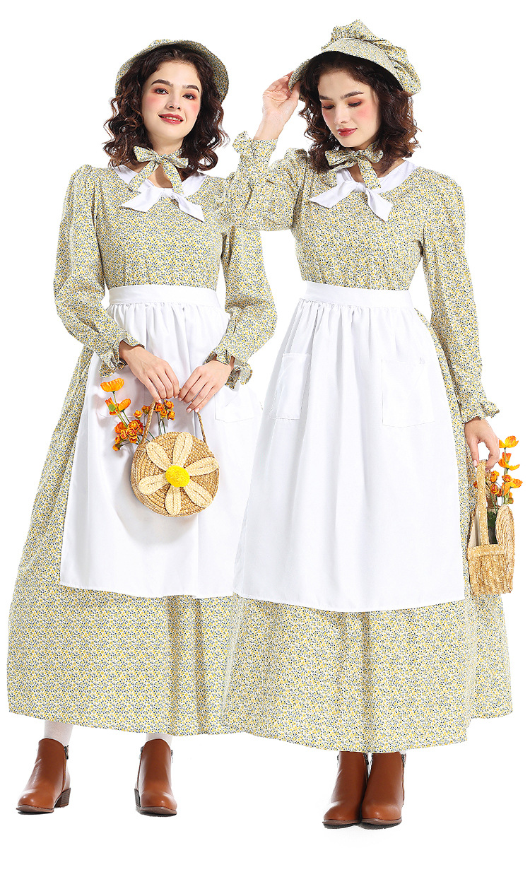 New Halloween Costumes: Prairie Colony Yellow Floral Dress, Apron, Pioneer Outfit
