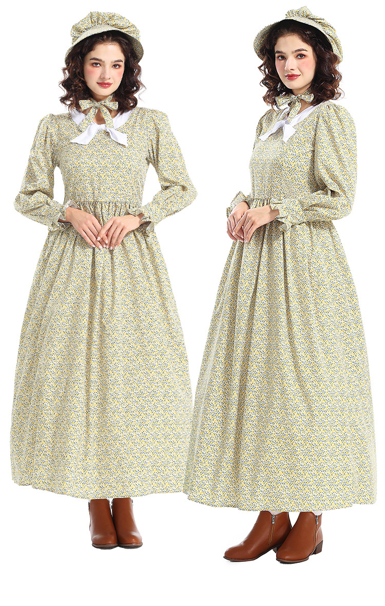 New Halloween Costumes: Prairie Colony Yellow Floral Dress, Apron, Pioneer Outfit