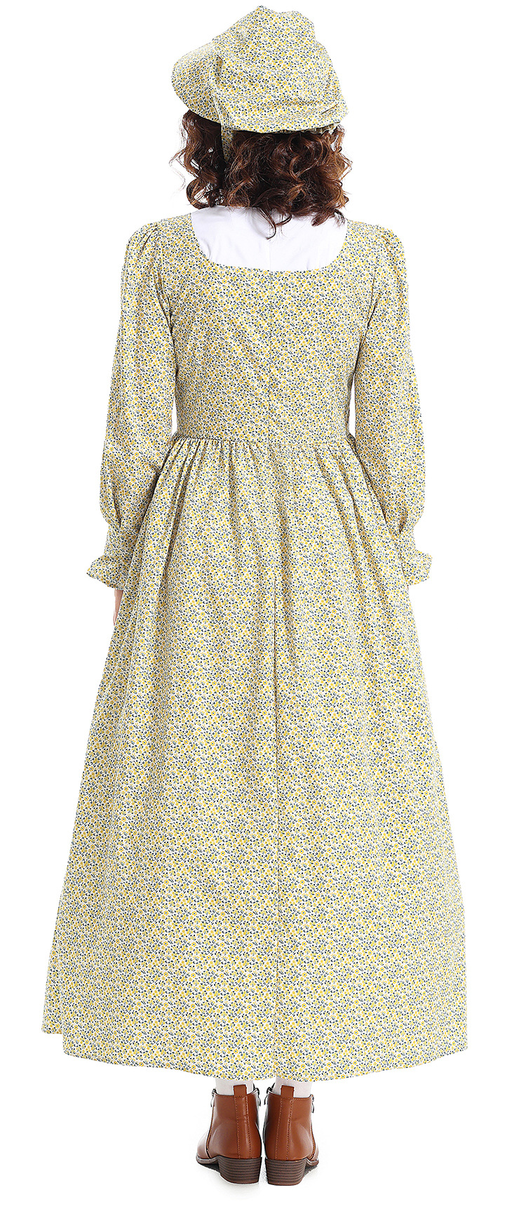 New Halloween Costumes: Prairie Colony Yellow Floral Dress, Apron, Pioneer Outfit