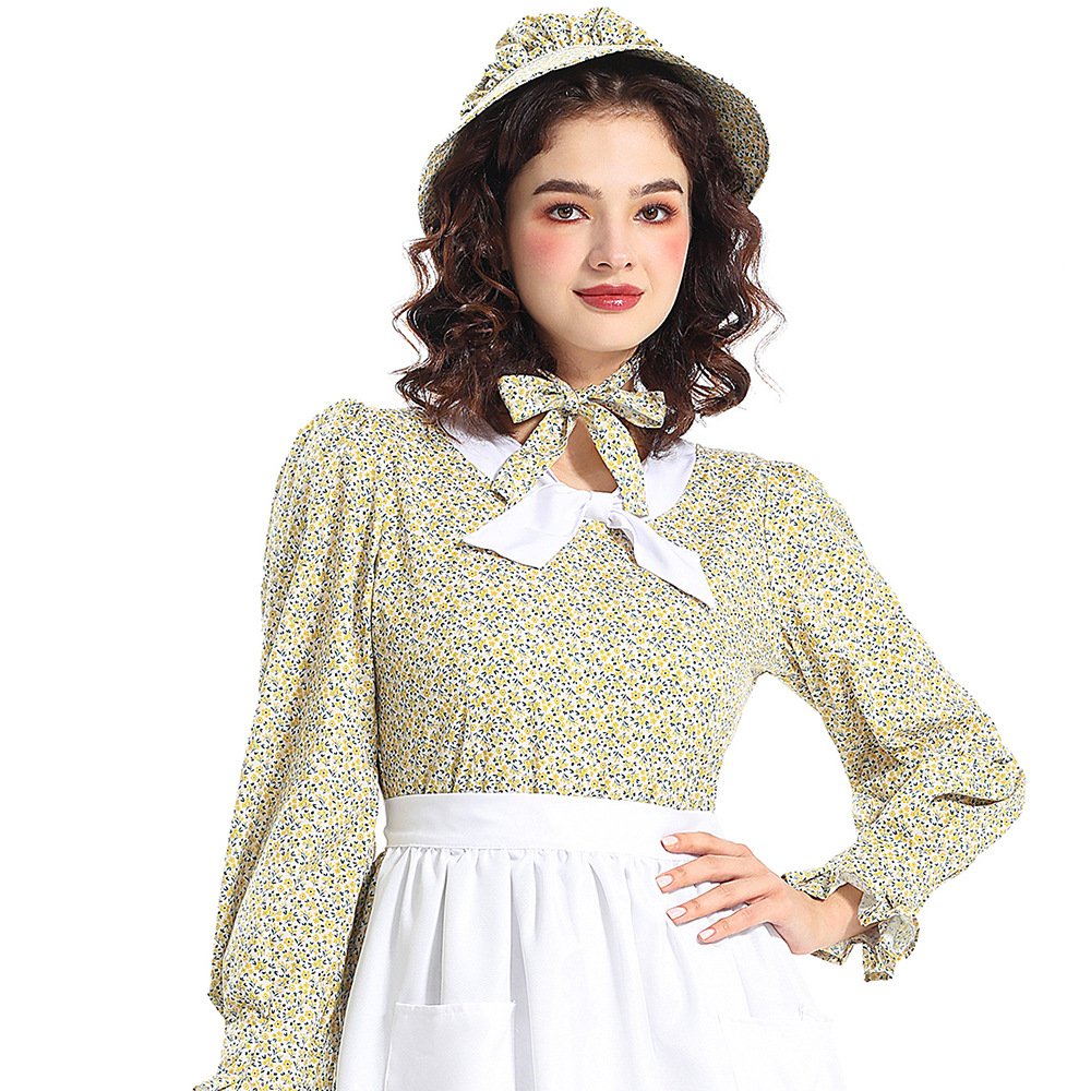 New Halloween Costumes: Prairie Colony Yellow Floral Dress, Apron, Pioneer Outfit