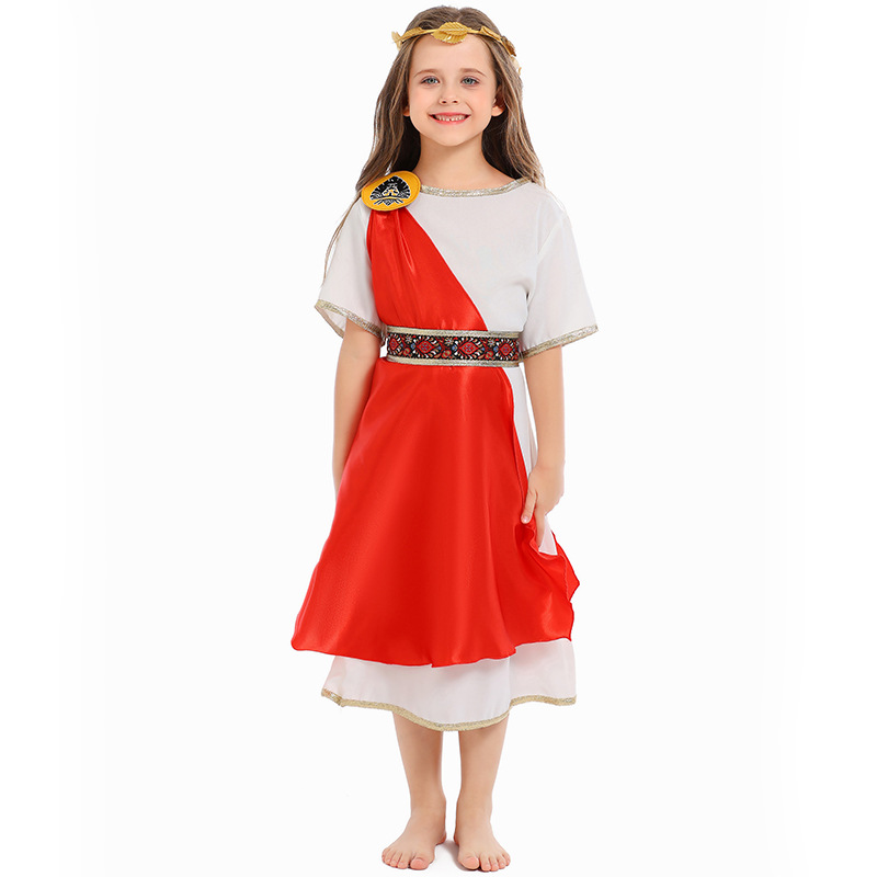 Greek goddess children's dress with laurel headdress, ancient Roman style, Halloween mythology-themed stage costume