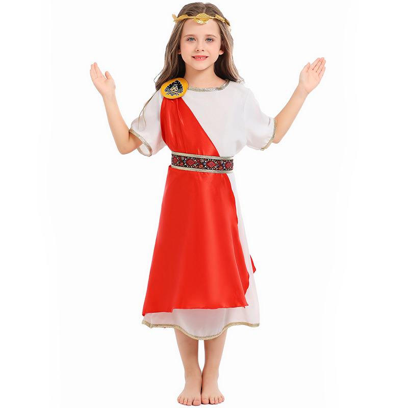 Greek goddess children's dress with laurel headdress, ancient Roman style, Halloween mythology-themed stage costume