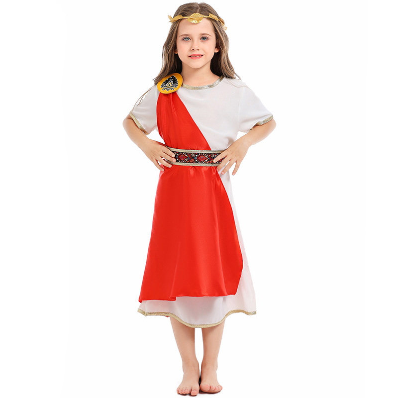 Greek goddess children's dress with laurel headdress, ancient Roman style, Halloween mythology-themed stage costume