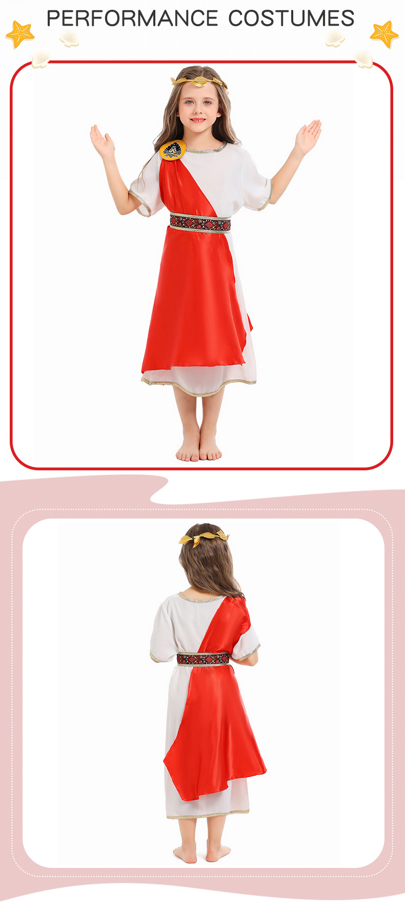 Greek goddess children's dress with laurel headdress, ancient Roman style, Halloween mythology-themed stage costume