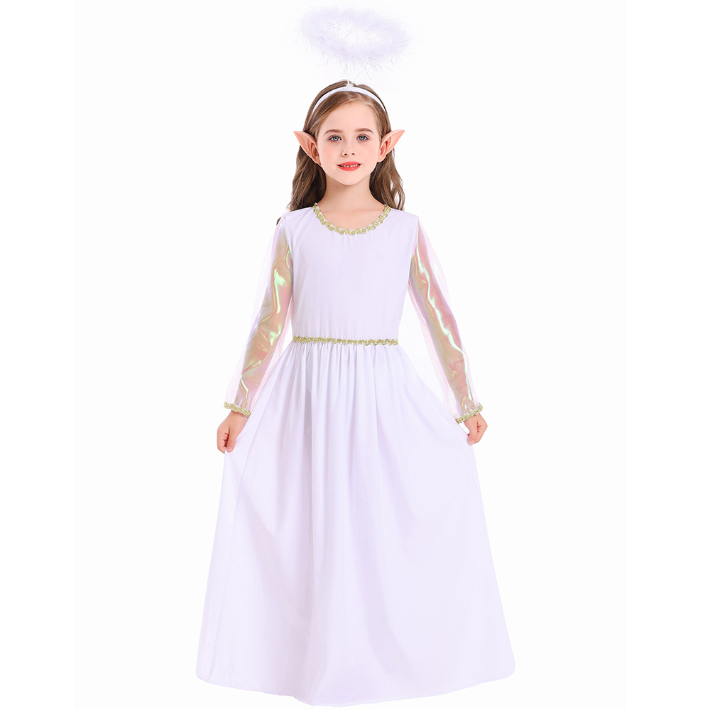New Halloween children's costume: white angel performance outfit, cosplay goddess long dress