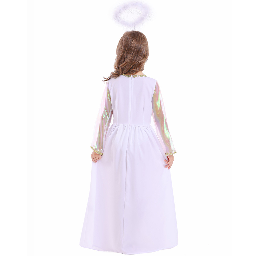 New Halloween children's costume: white angel performance outfit, cosplay goddess long dress