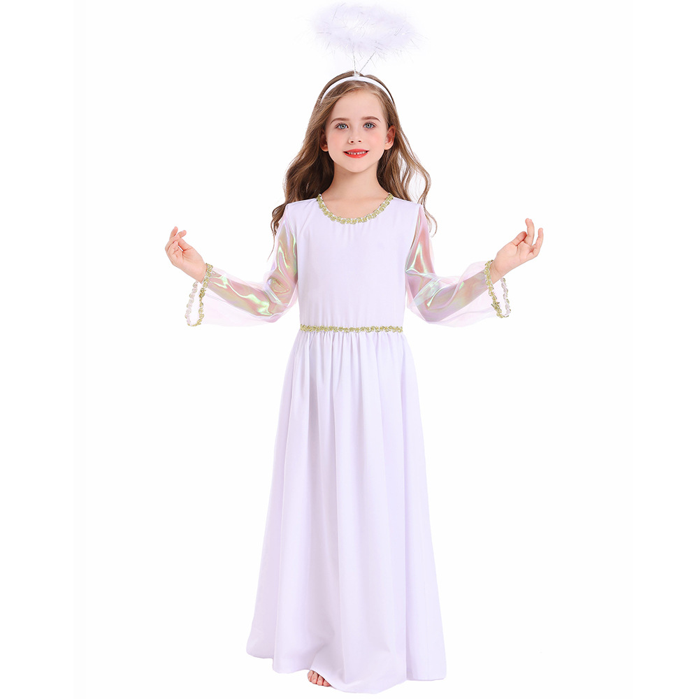 New Halloween children's costume: white angel performance outfit, cosplay goddess long dress