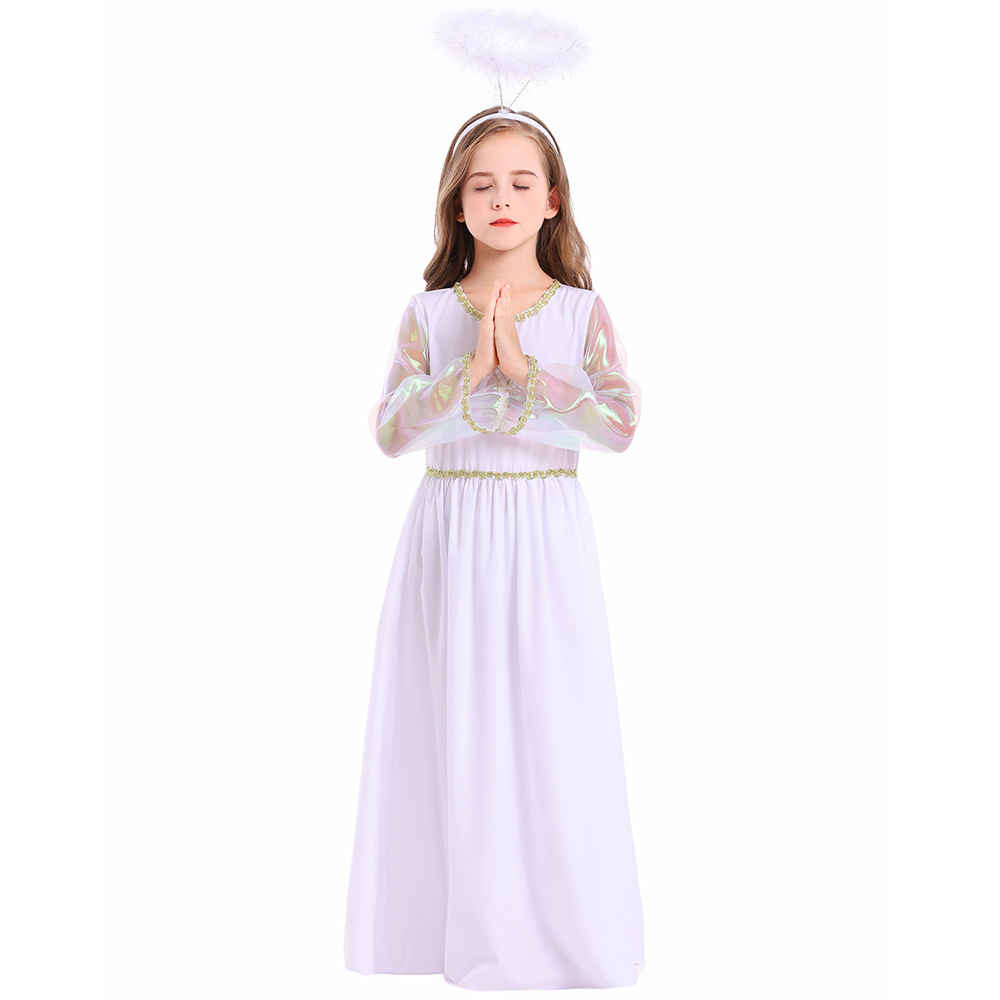 New Halloween children's costume: white angel performance outfit, cosplay goddess long dress