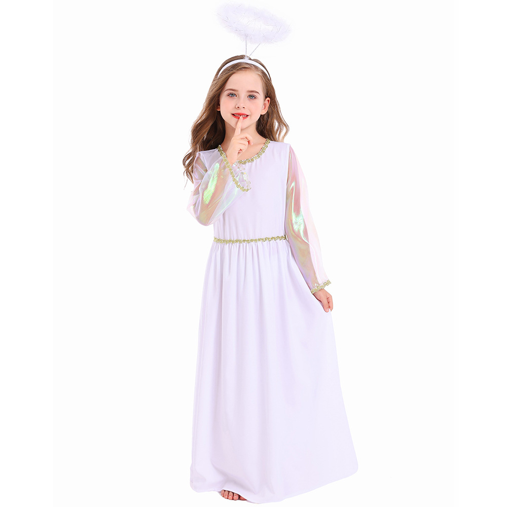 New Halloween children's costume: white angel performance outfit, cosplay goddess long dress