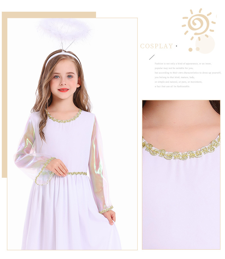 New Halloween children's costume: white angel performance outfit, cosplay goddess long dress