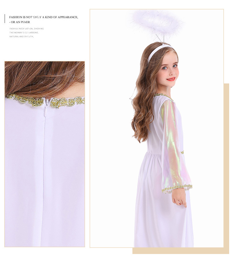 New Halloween children's costume: white angel performance outfit, cosplay goddess long dress